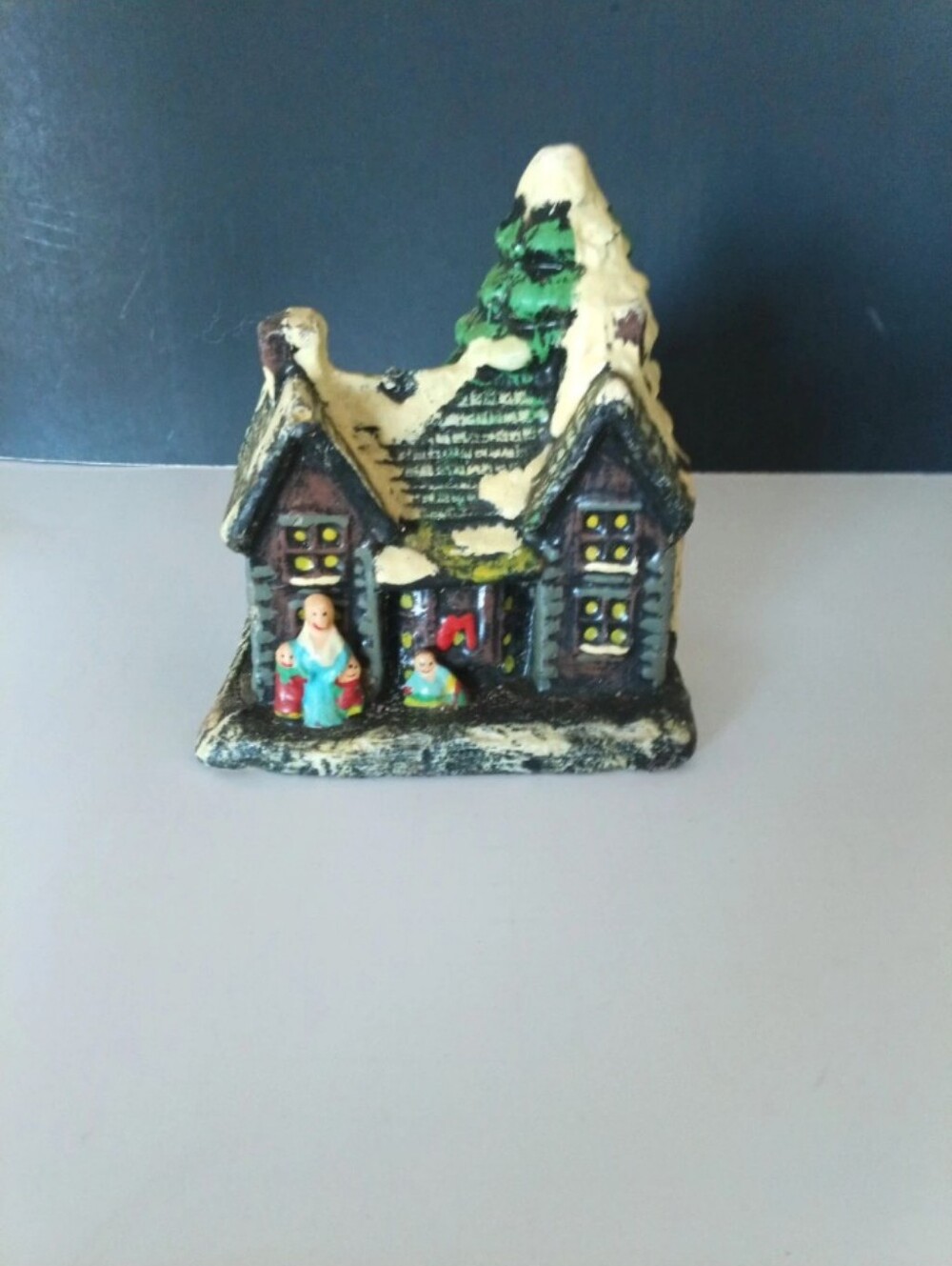 Hand-Painted Holiday Snow Cottage Figurine in Green and Cream